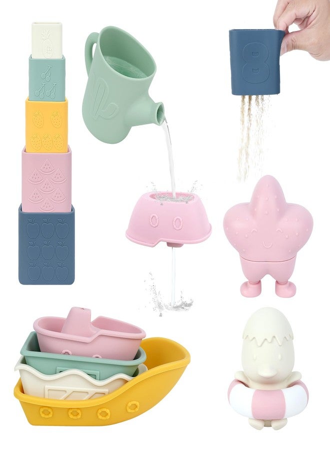 MCGMITT Baby Bath Toys for Kids Ages 1-3, 12 PCS Silicone Mold Free Bathtub Toys for 6-12 Months, Soft Stacking Cups & No Hole Duck & Floating Boats, Beach Sand Water Table Pool Toys for Toddlers - Image 1